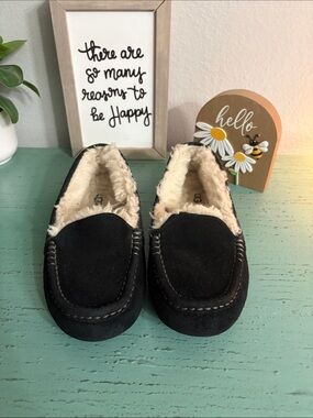 UGG Black Suede Moccasin Slippers with Cream Shearling Lining